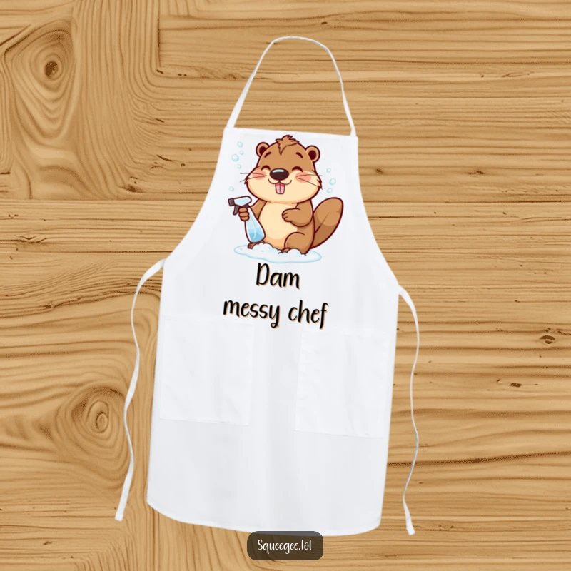 Funny cheerful beaver with a spray bottle, creating bubbly suds, a humorous and practical kitchen apron.