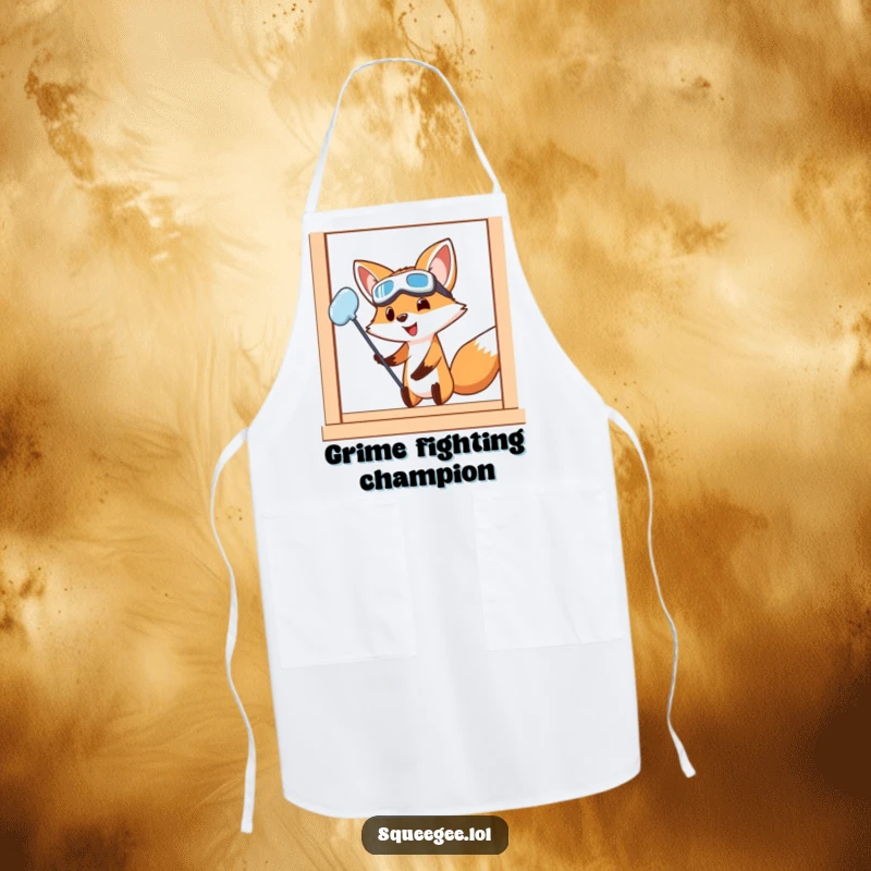Funny Fox Apron: A fox in goggles works hard to clean a window, demonstrating a humorous dedication to a spotless kitchen environment.