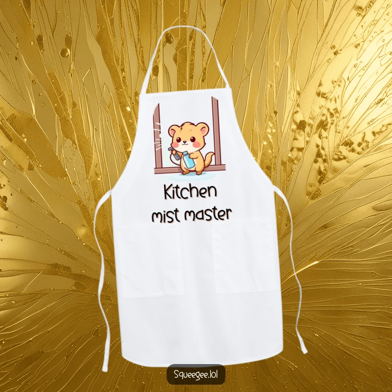 Funny small animal happily spraying cleaning liquid onto a window, durable apron for a funny gift.
