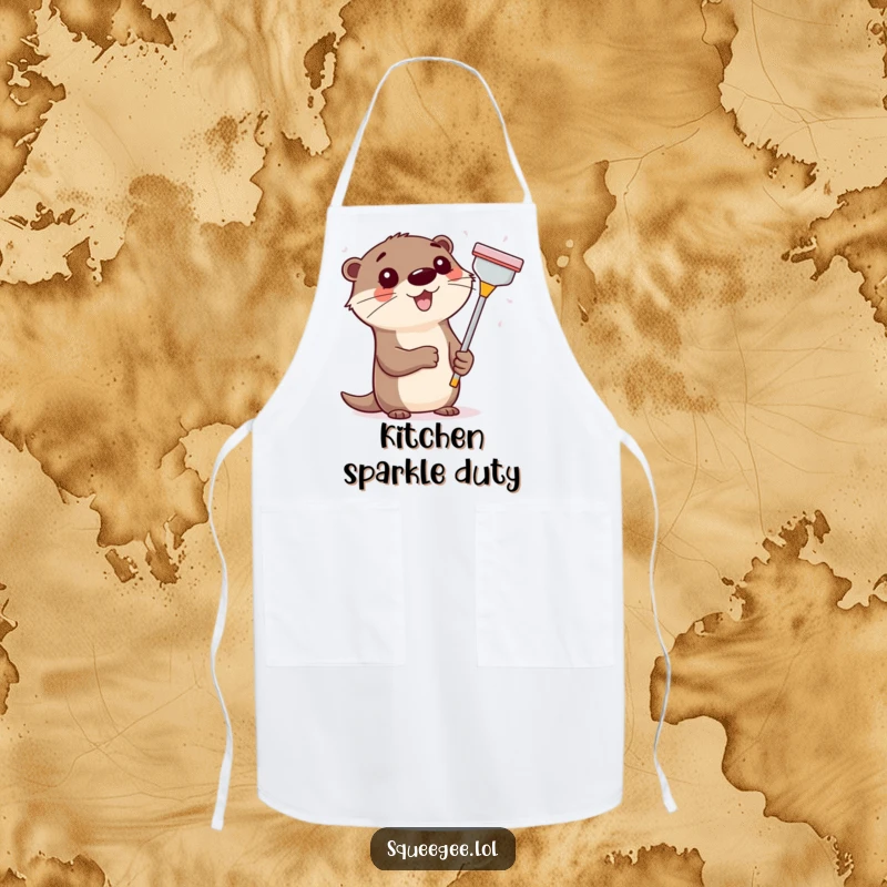 Funny happy otter with a squeegee, cleaning a window, a humorous and practical kitchen apron.