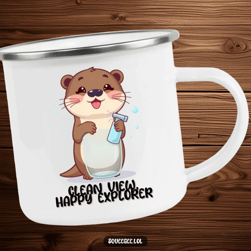 Funny Otter Camping Mug: A cute otter sprays glass, creating a delightful mess of soap bubbles, perfect for enjoying drinks outdoors with humor.