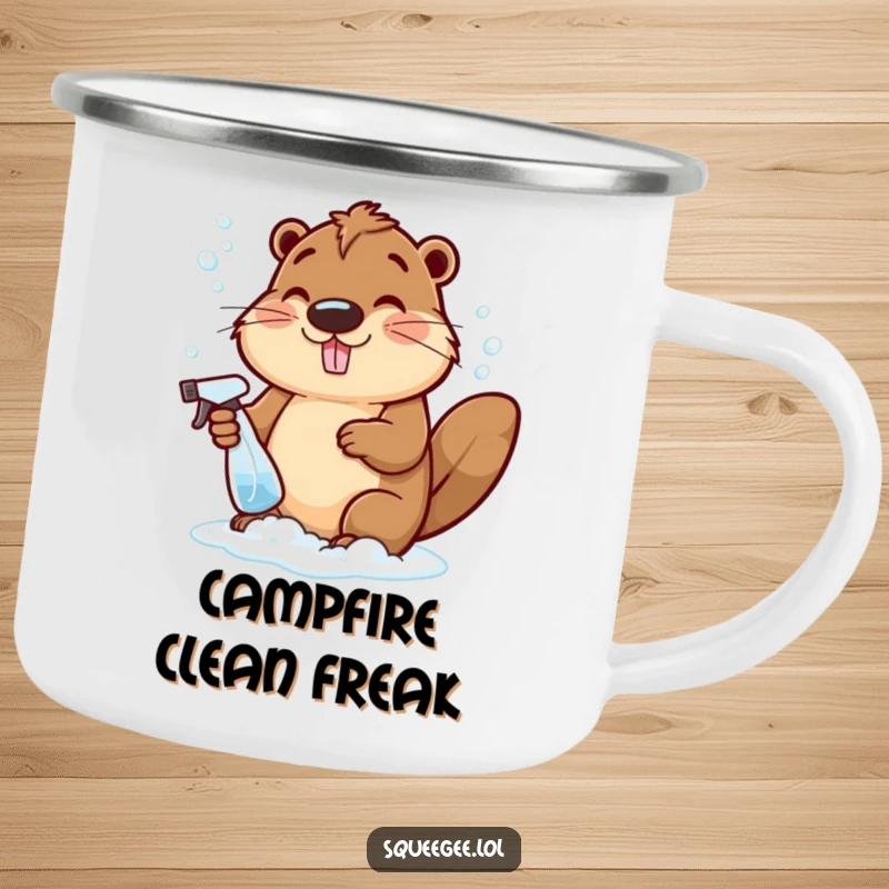Funny cheerful beaver making bubbly suds with a spray bottle, a humorous and durable camping mug.