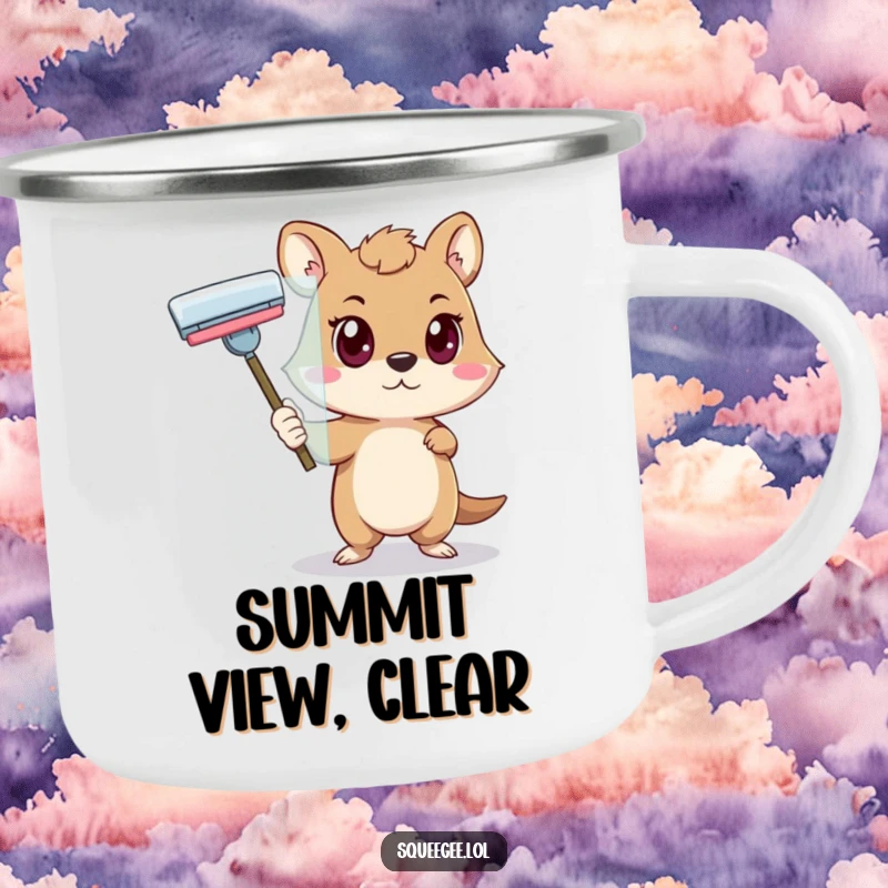 Funny animal with a determined look pushing a squeegee across glass, sturdy camping mug for a funny gift.