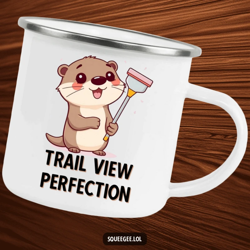 Funny happy otter with a squeegee, cleaning a window, a humorous and durable camping mug.