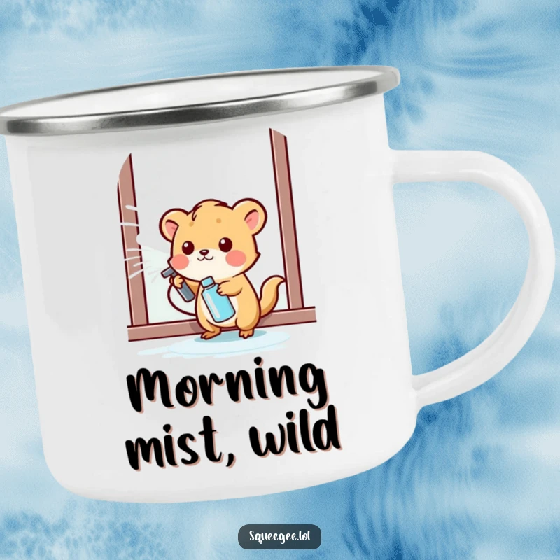 Funny small animal happily spraying cleaning liquid onto a window, sturdy camping mug for a funny gift.