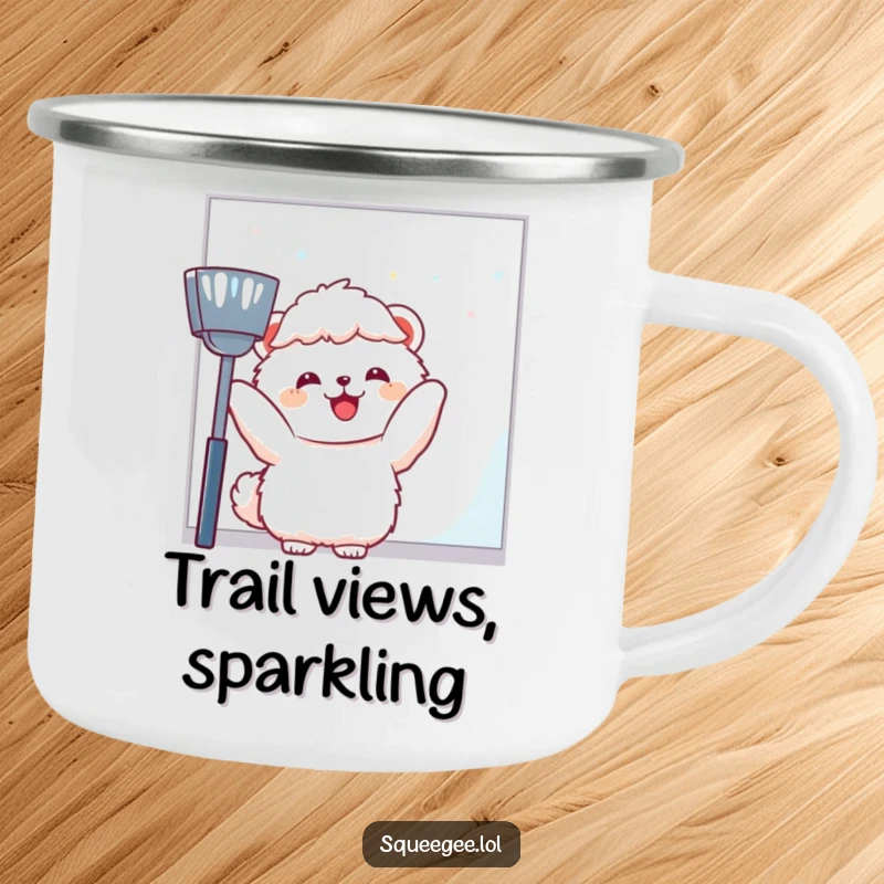 Funny fluffy animal joyfully wiping a large window pane, sturdy camping mug for a funny gift.