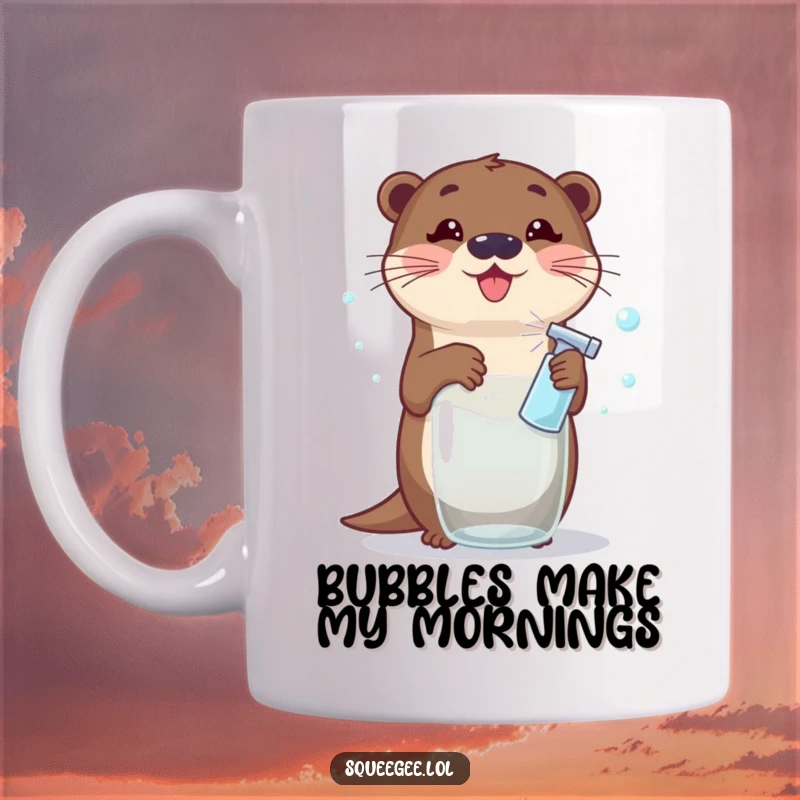 Funny Otter Mug: A super excited cartoon otter enthusiastically sprays glass, making a cascade of soap bubbles with a squeaky clean shine.