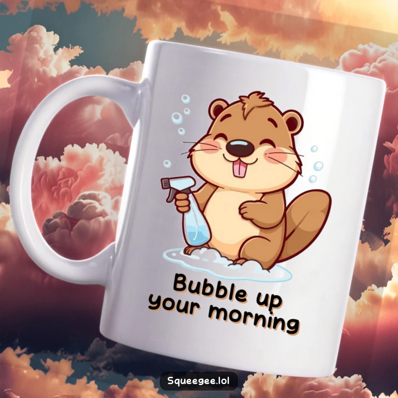 Funny cheerful beaver holding a spray bottle, creating lots of bubbly suds, a fun and humorous cleaning scene.