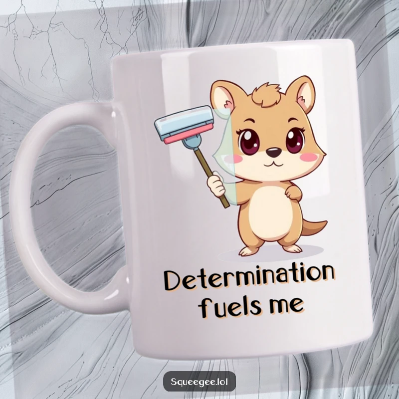 Funny animal with a determined look pushing a squeegee across glass, a focused mug for achievers.