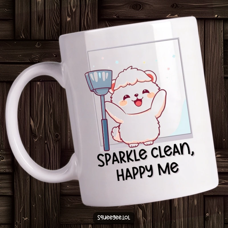 Funny fluffy animal joyfully wiping a large window pane, perfect for a clean freak gift mug.