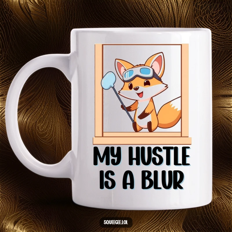 Funny Fox Cleaning Mug: A determined cartoon fox wearing goggles scrubs a window with intense effort, showcasing its dedication to a spotless shine.