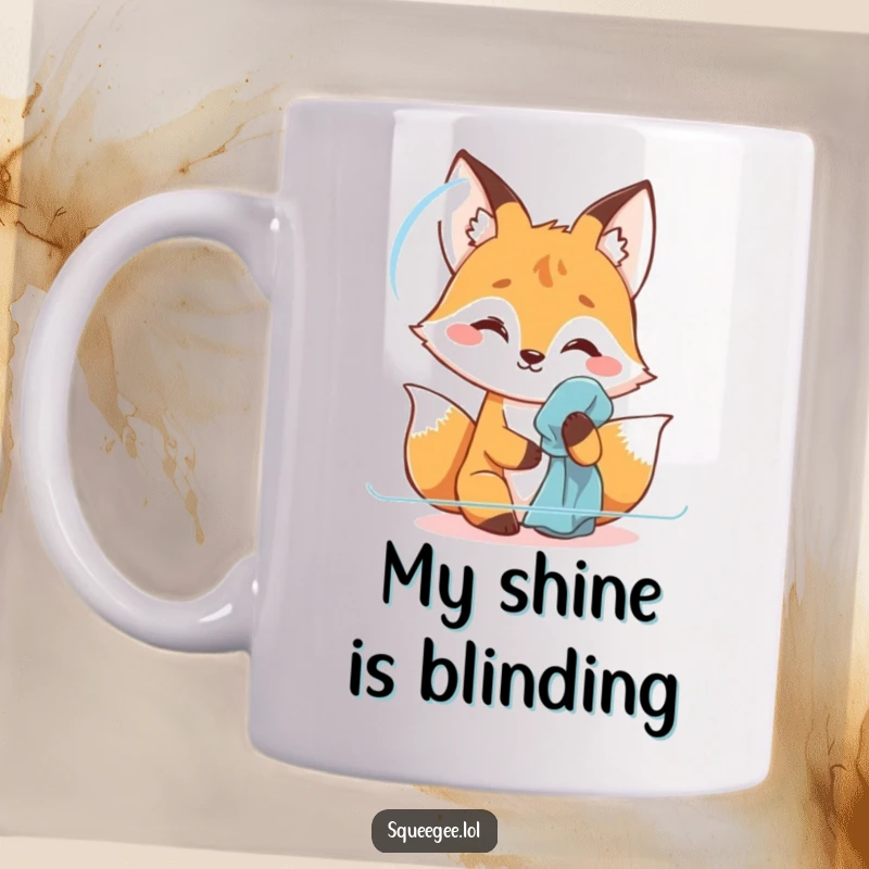 Funny fox mug, meticulously polishing a glass surface with a cloth, showing off its meticulous and humorous personality.