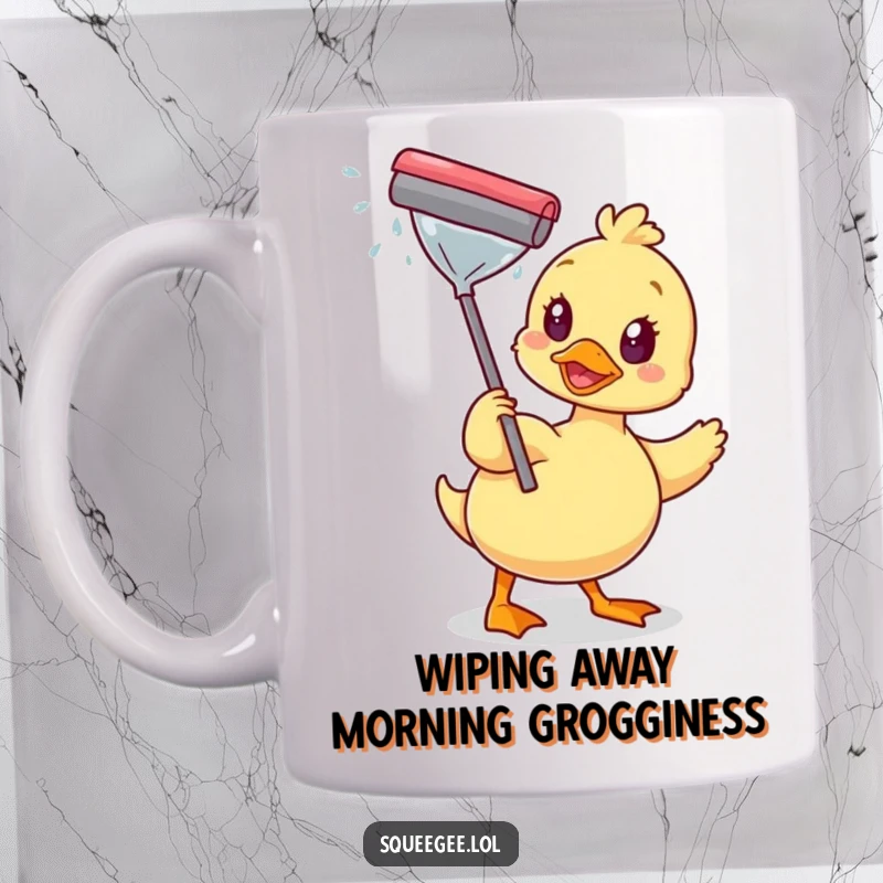 Funny mug featuring a happy duck enthusiastically wiping a sparkling window with a squeegee, radiating cleanliness and cheer.