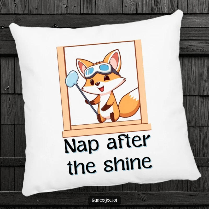 Funny Fox Pillow: A cute fox wearing goggles diligently cleans a window, adding a touch of humor and comfort to any room's decor.