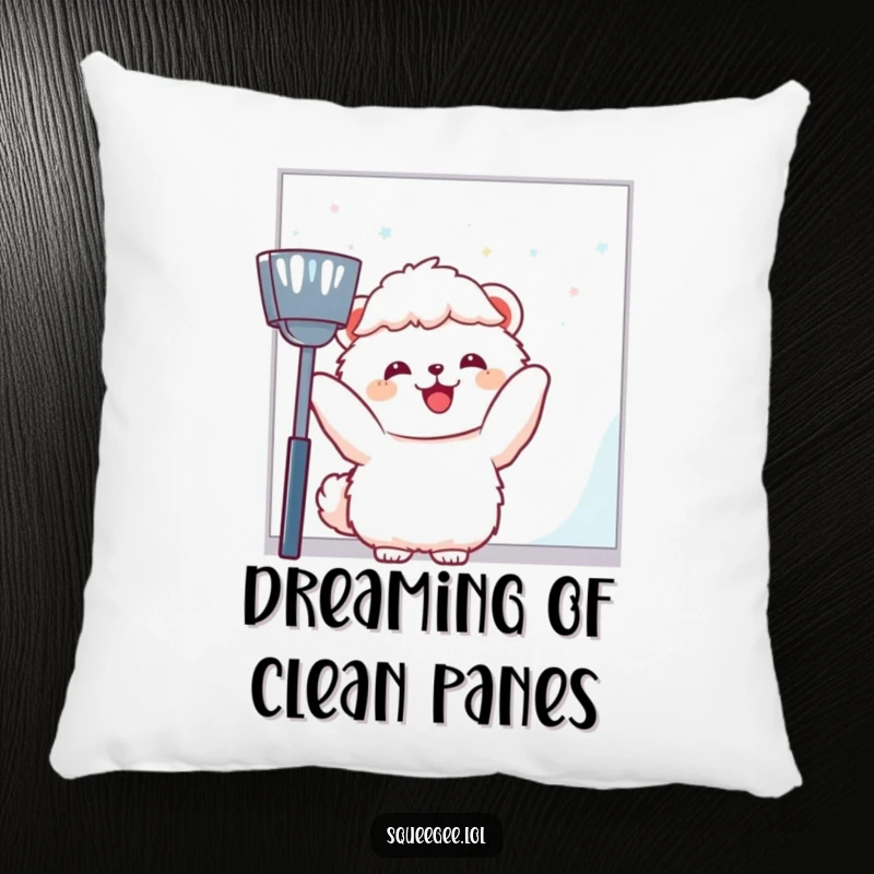 Funny fluffy animal joyfully wiping a large window pane, soft pillow for a funny gift.