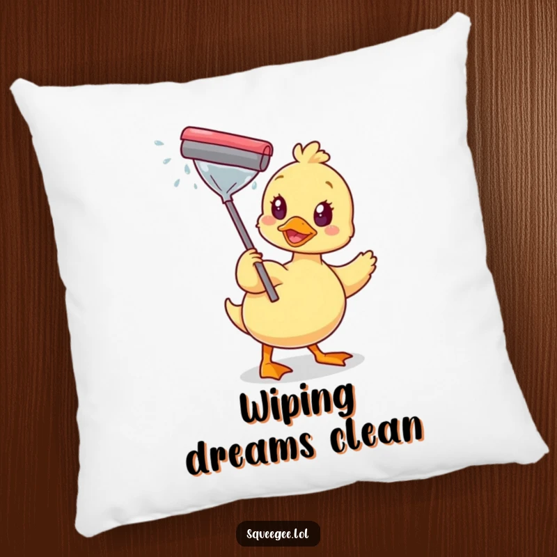 Funny pillow featuring a happy duck wiping a sparkling window with a squeegee, perfect for cozying up with cleaning humor.