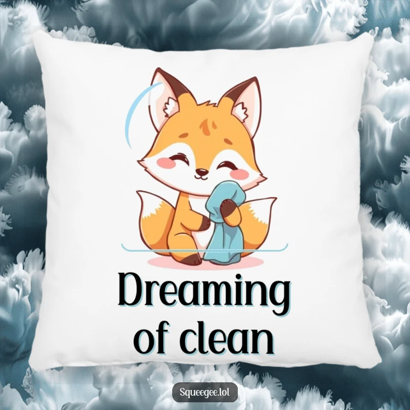 Funny fox pillow, looking content while polishing, offering comfort and a humorous touch to any living space.