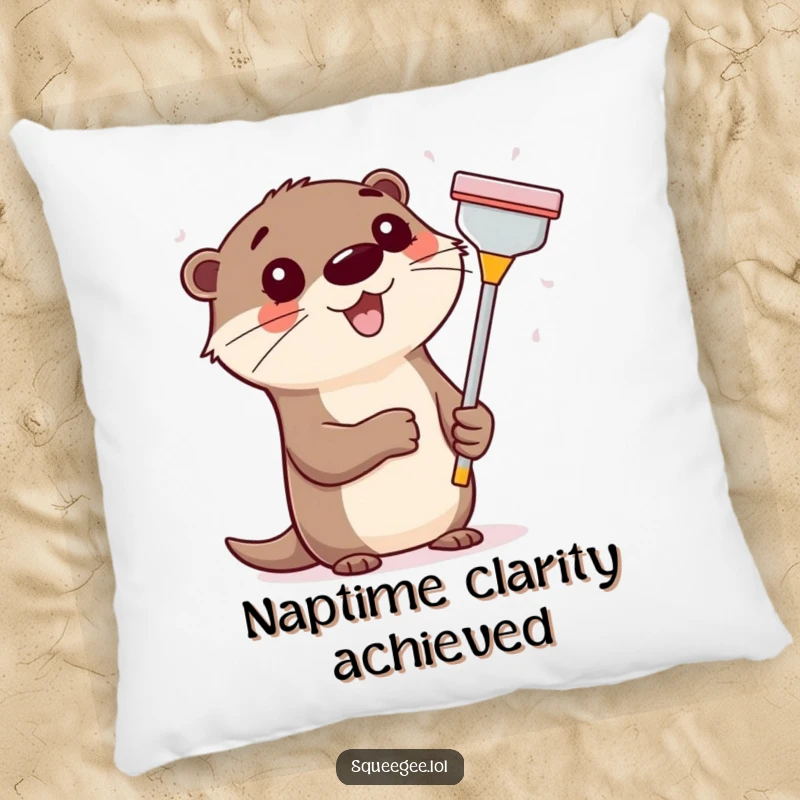 Funny happy otter holding a squeegee, cleaning a window, a soft and humorous decorative pillow.
