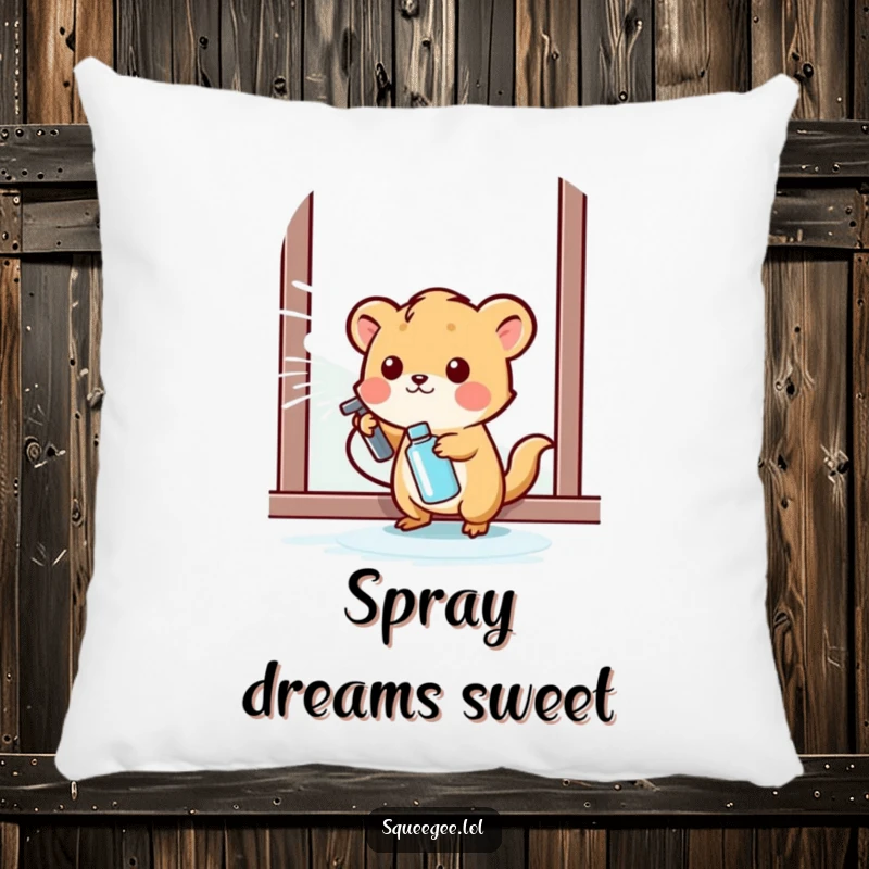 Funny small animal happily spraying cleaning liquid onto a window, soft pillow for a funny gift.