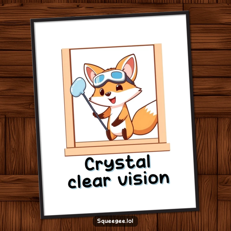 Funny Fox Digital Art: A cartoon fox wearing goggles meticulously cleans a window with determined effort, a humorous and inspiring piece for your walls.