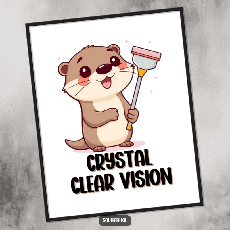 Funny happy otter with a squeegee, enthusiastically cleaning a window, downloadable digital art print.