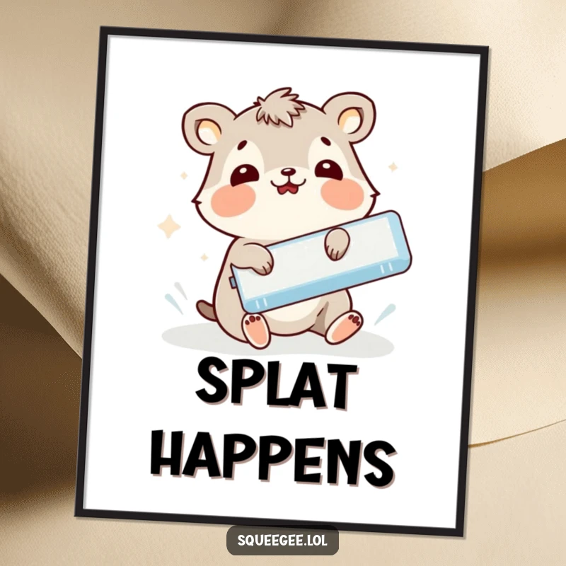 Funny animal comically slipping while holding a squeegee, digital art print for a funny gift.