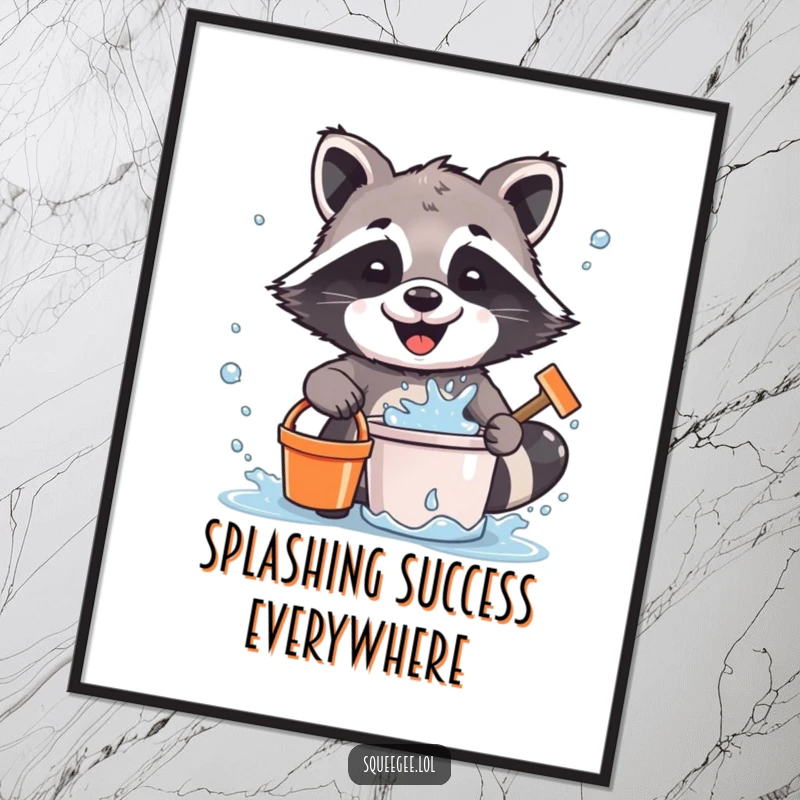Funny Raccoon Digital Art: A happy cartoon raccoon energetically splatters water while cleaning with a bucket and squeegee, a fun and messy piece.
