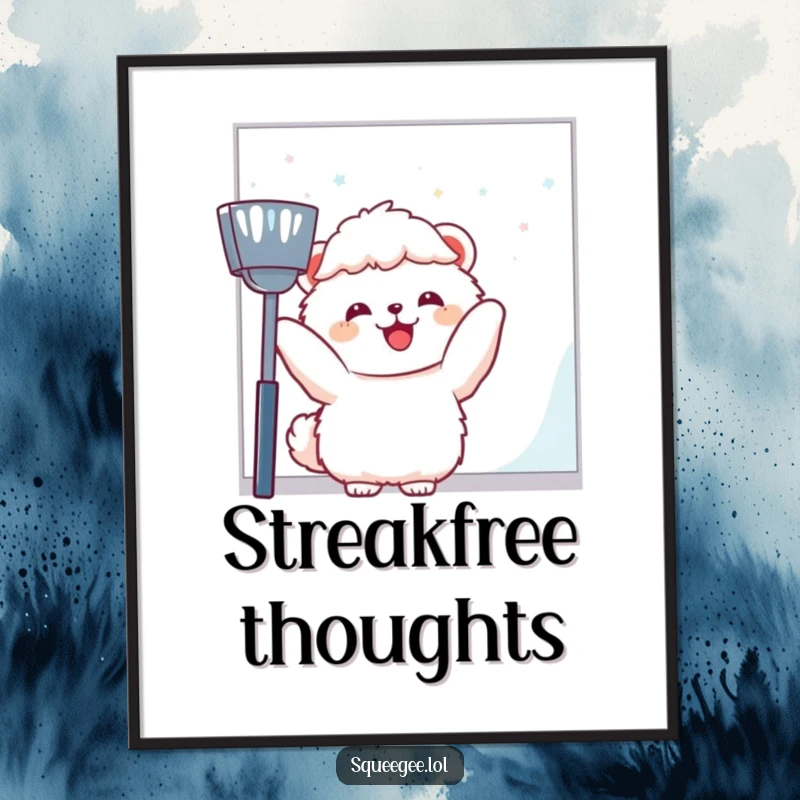 Funny fluffy animal joyfully wiping a large window pane, digital art print for a funny gift.