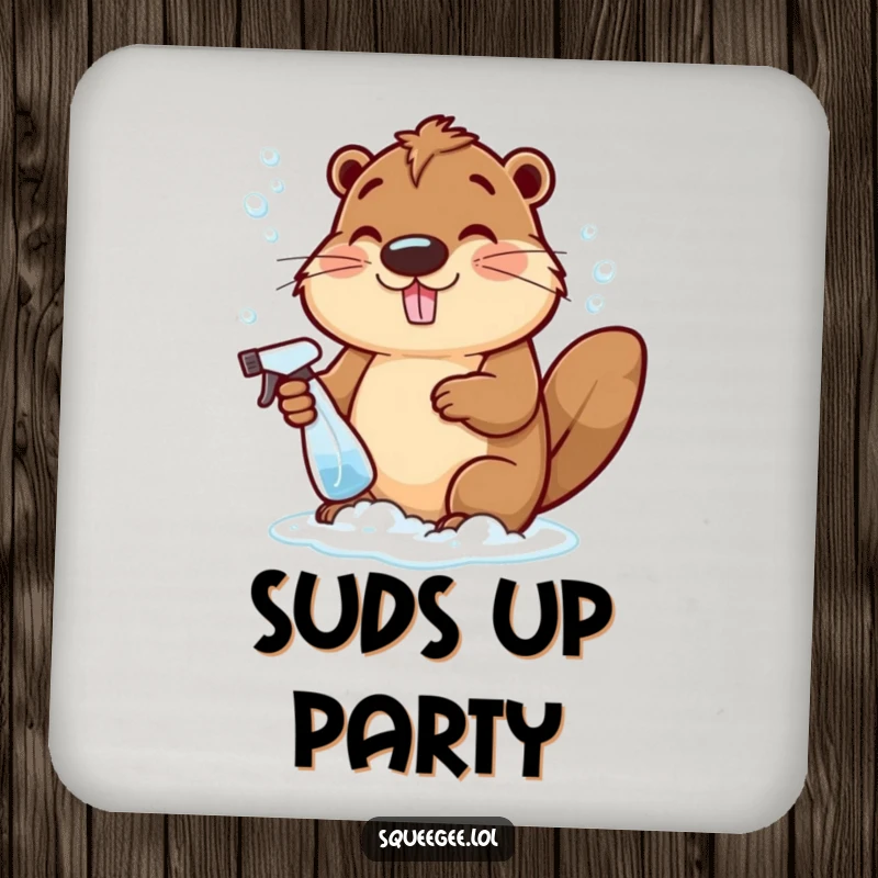 Funny cheerful beaver making bubbly suds with a spray bottle, a humorous and protective drink coaster.