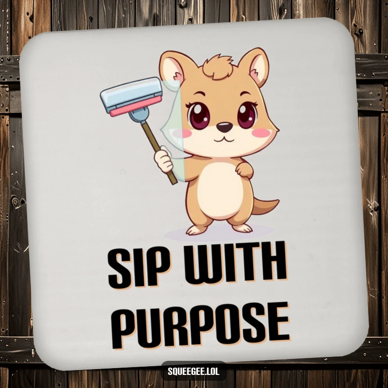 Funny animal with a determined look pushing a squeegee across glass, protective coaster for a funny gift.
