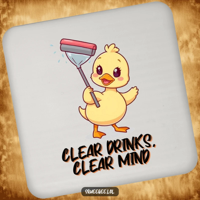 Funny drink coasters featuring a happy duck wiping a sparkling window with a squeegee, adding cheerful tidiness and surface protection.