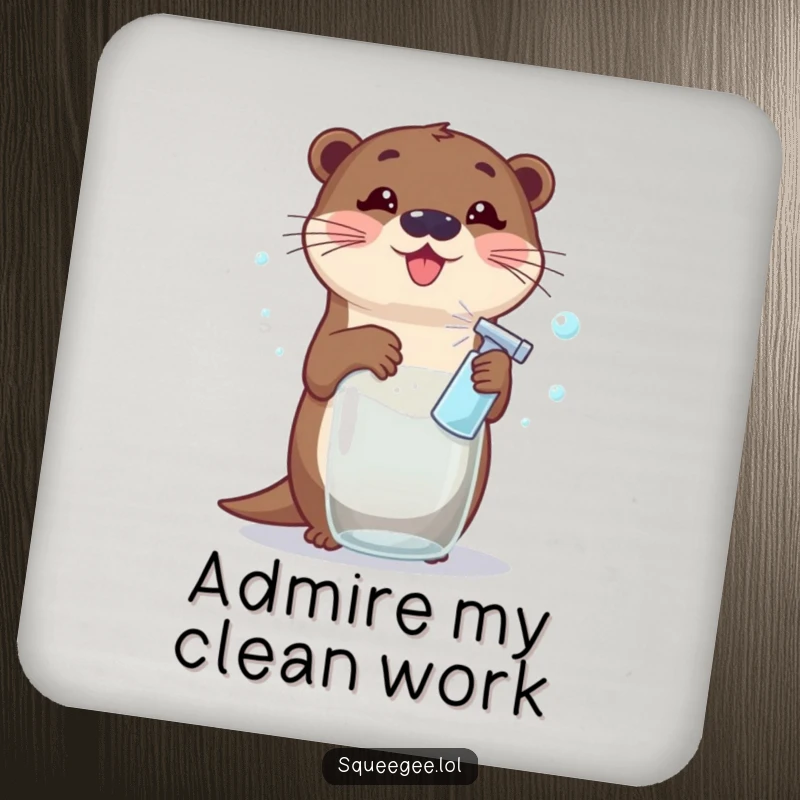 Funny Otter Coaster: An excited otter sprays window cleaner, making a bubbly mess, adding a touch of humorous cleaning to your drink setup.