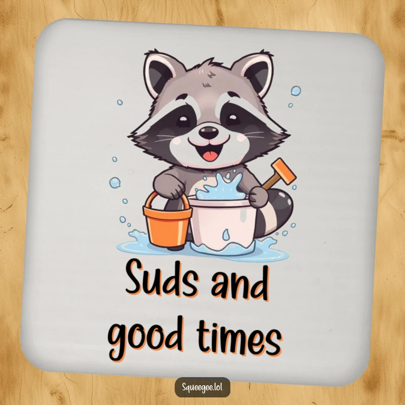 Funny Raccoon Coaster: A happy raccoon joyfully splatters water while cleaning, adding a touch of messy humor to your drink setup.
