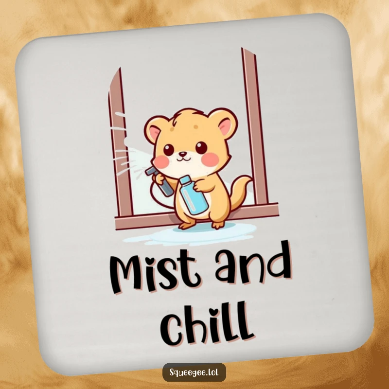 Funny small animal happily spraying cleaning liquid onto a window, protective coaster for a funny gift.