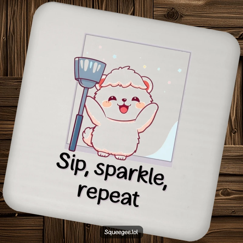 Funny fluffy animal joyfully wiping a large window pane, protective coaster for a funny gift.