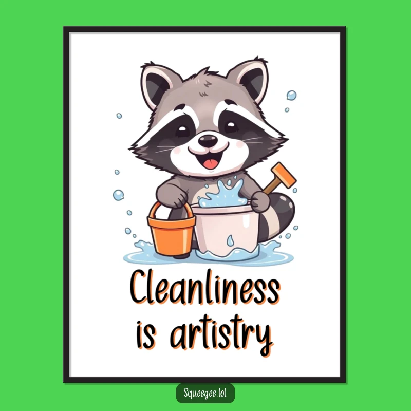Funny Raccoon Cleaning Poster: Vibrant Wall Art, Hilarious Water Splatter Design, Great Funny Gift
