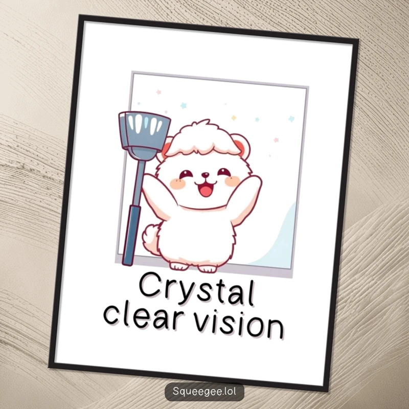 Funny fluffy animal joyfully wiping a large window pane, vibrant poster for a funny gift.