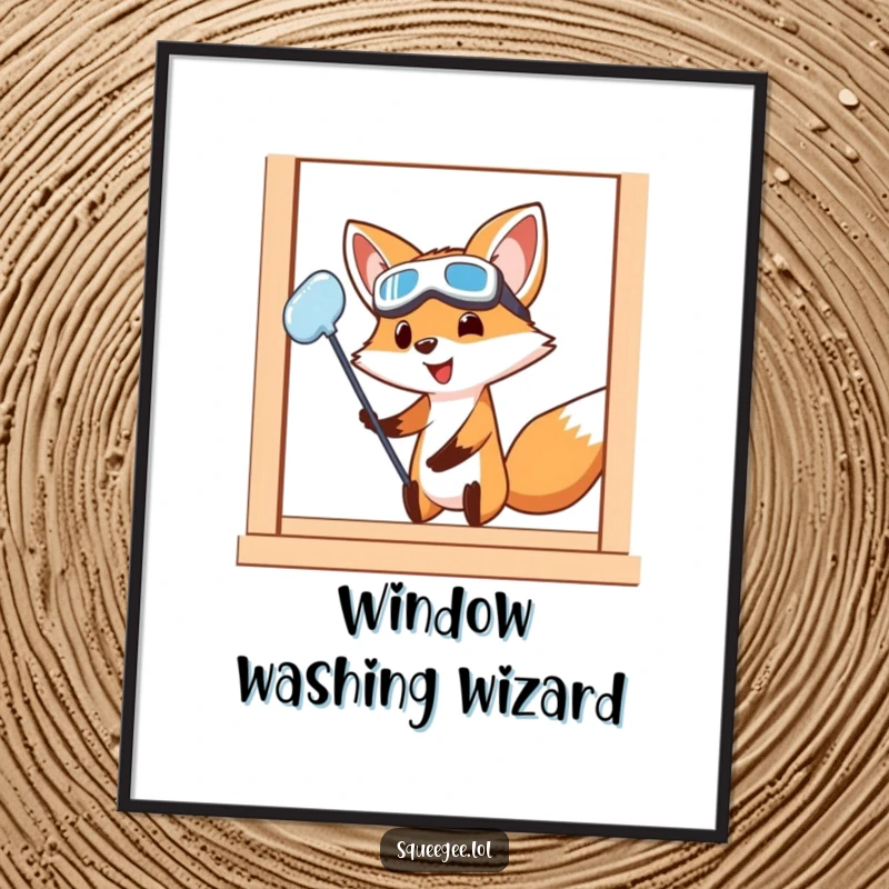 Funny Fox Poster: A comical fox in goggles wipes a window with extreme effort, showcasing a humorous dedication to achieving a perfectly clear view.