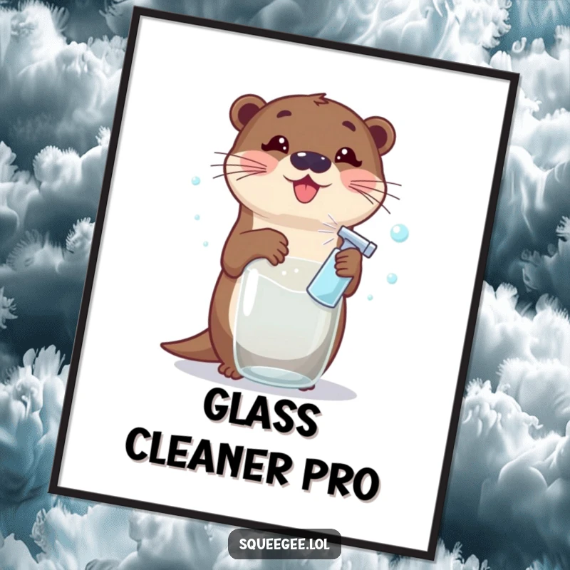 Funny Otter Poster: A playful cartoon otter sprays a window, creating a chaotic yet delightful shower of soap bubbles, a truly funny cleaning moment.