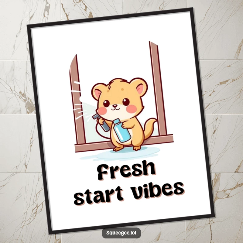 Funny small animal happily spraying cleaning liquid onto a window, poster celebrating cleaning joy.