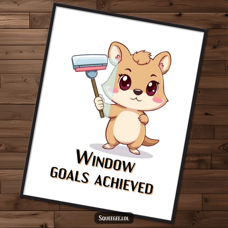 Funny animal with a determined look pushing a squeegee across glass, poster of focused cleaning.