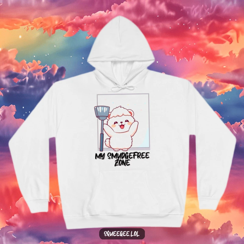 Funny fluffy animal joyfully wiping a large window pane, warm hoodie for a funny gift.