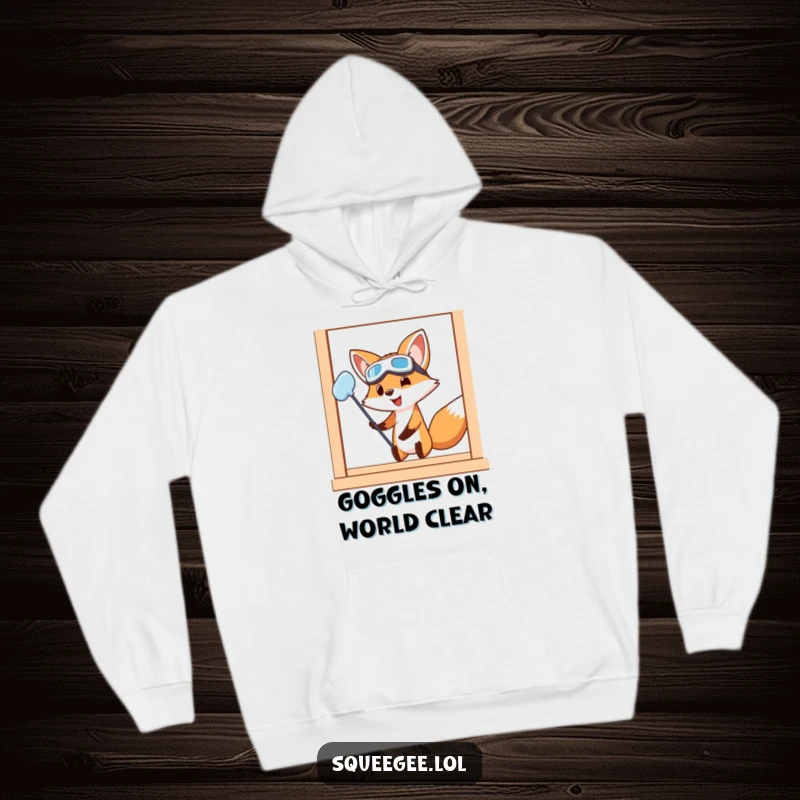 Funny Fox Hoodie: A cute fox in goggles works hard to clean a window, showing its determination in a humorous and endearing way, great for warmth.
