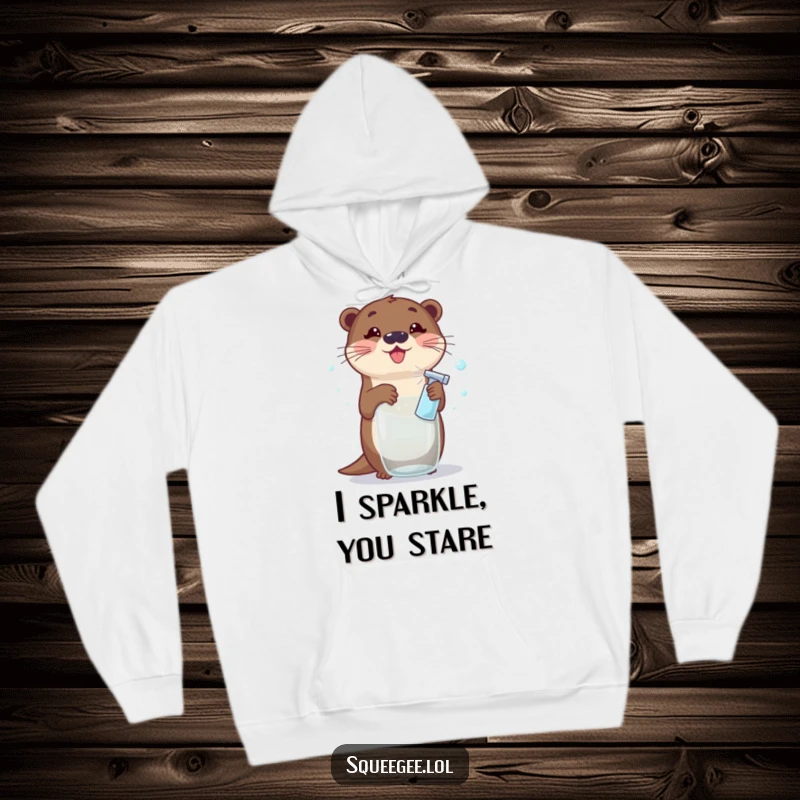 Funny Otter Hoodie: A happy cartoon otter sprays window cleaner, generating tons of whimsical soap bubbles, a cute and funny cleaning scene.