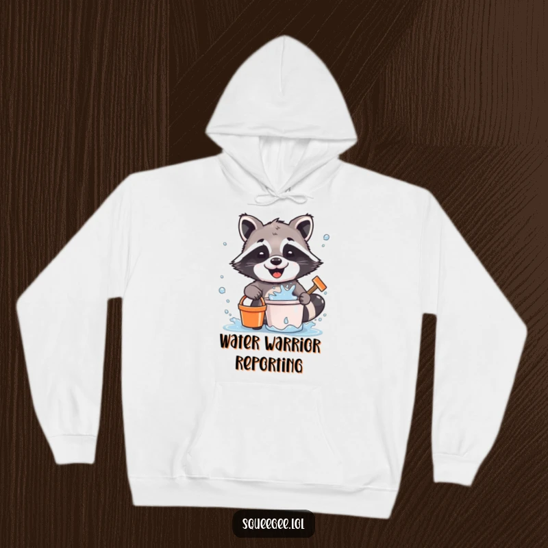 Funny Raccoon Hoodie: A cute raccoon happily splashes water while cleaning, creating a humorous and wet scene perfect for staying cozy and amused.