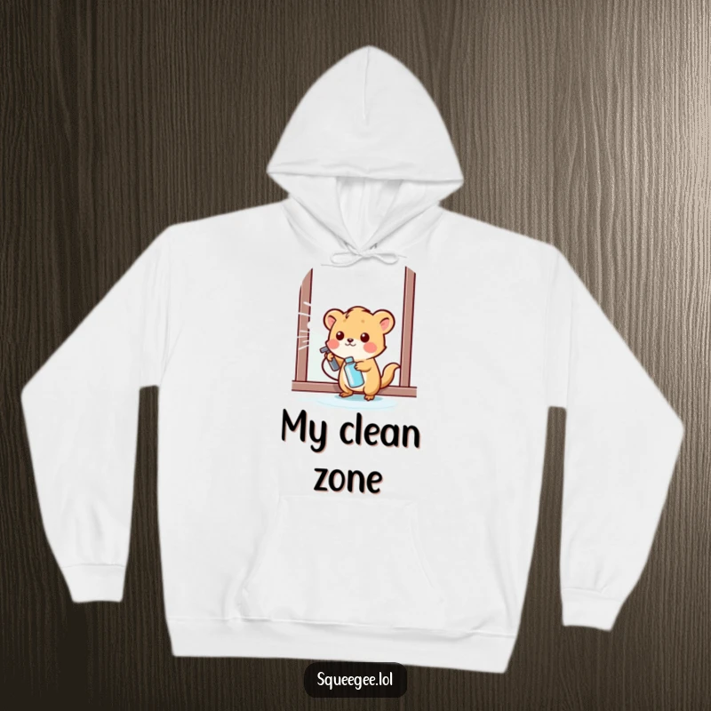 Funny small animal happily spraying cleaning liquid onto a window, warm hoodie for a funny gift.