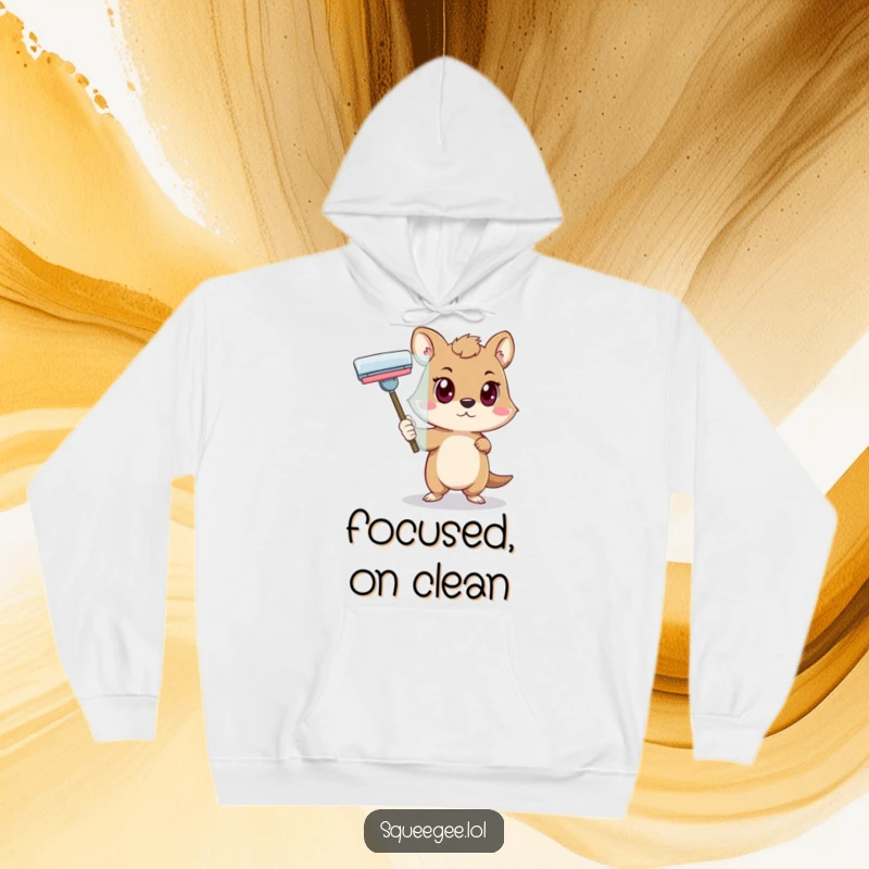 Funny animal with a determined look pushing a squeegee across glass, warm hoodie for a funny gift.