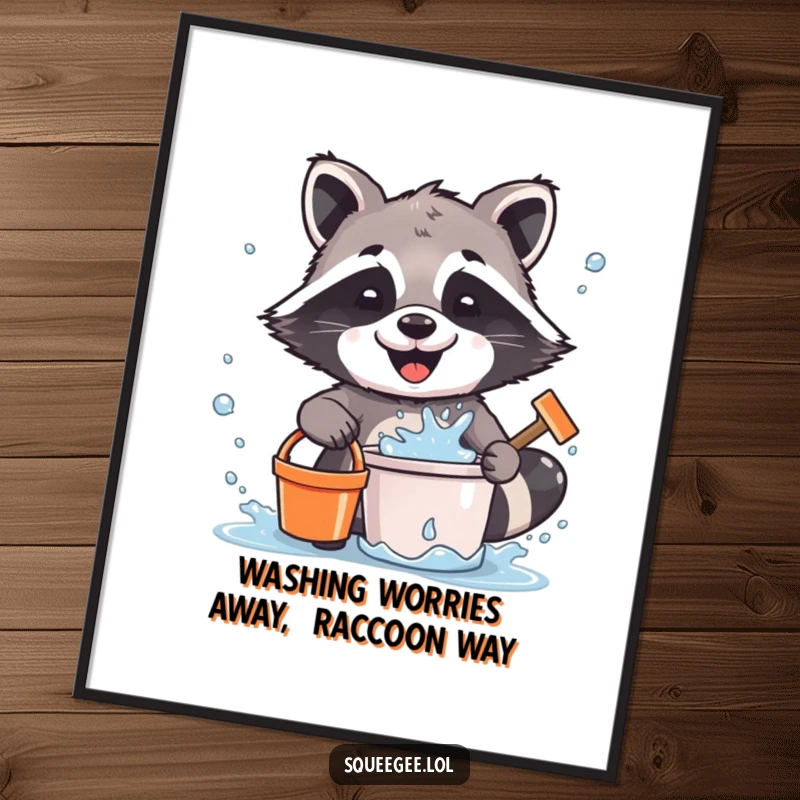Funny Free Printable Wall Art: Joyful raccoon holding a bucket and squeegee, happily splattering water, a wet but cheerful scene.