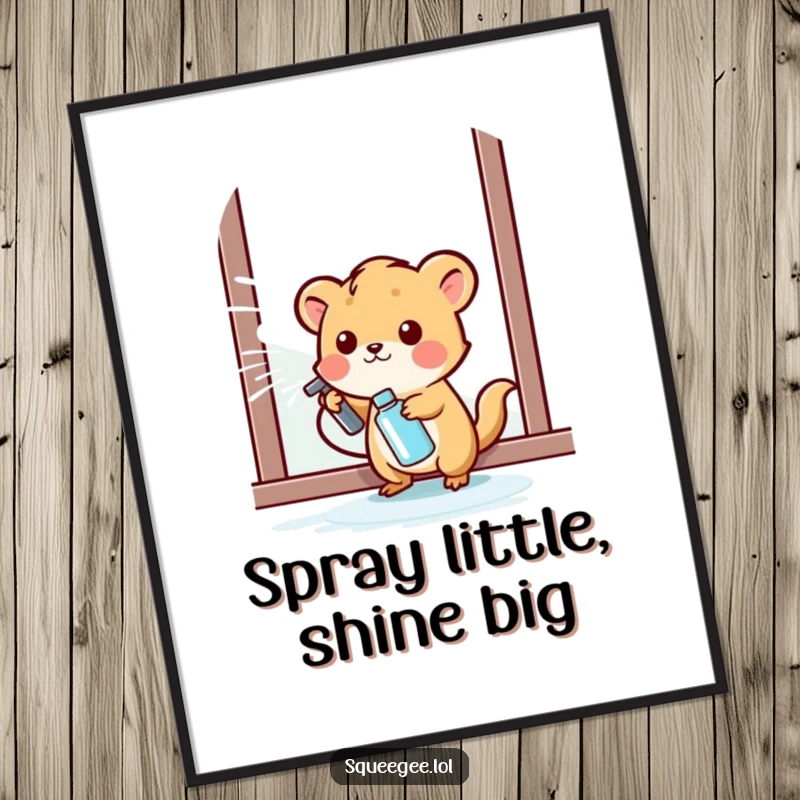 Funny Free Printable Wall Art: A small animal happily spraying cleaning liquid onto a window, creating bubbly fun.