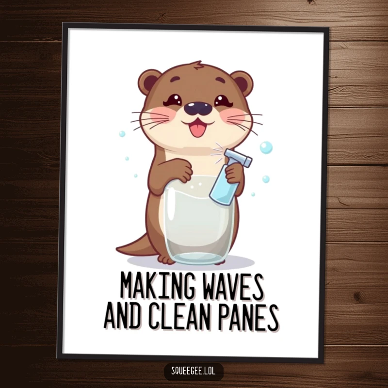 Funny Free Printable Wall Art: Excited otter with spray bottle, making bubbles on glass, a clean and comical scene.
